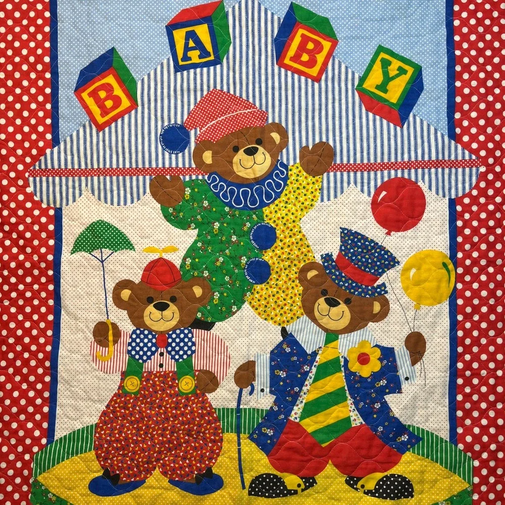 Handmade Baby Quilt Infant Multicolor Circus Teddy Bear‎ Clown Polka Dot Patch